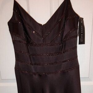 ANNE KLEIN 100% SILK DRESS SPAGHETTI STRAPS BEADED TOP FLARE SKIRT BROWN SZ 8